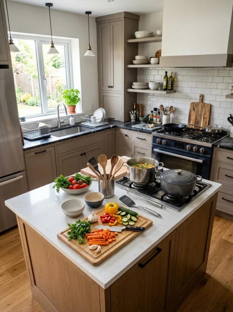 Functional kitchen showing how cooking habits influence countertop material selection.