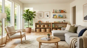 Modern minimalist family living room with organized toy storage and a calm clutter-free design.