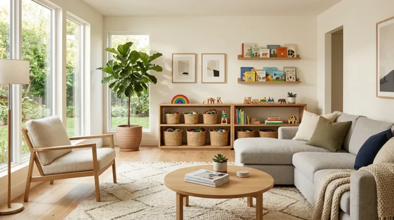 Modern minimalist family living room with organized toy storage and a calm clutter-free design.