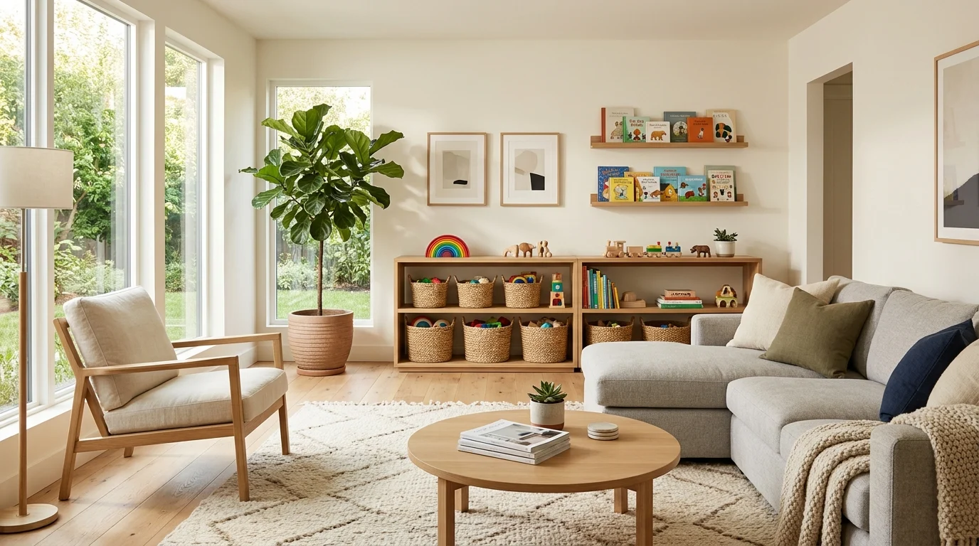 Modern minimalist family living room with organized toy storage and a calm clutter-free design.