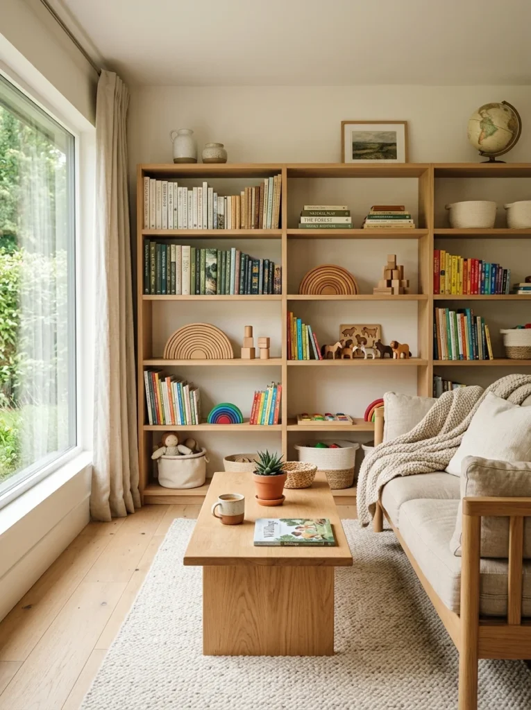 Organized family room showing intentional minimalist living instead of owning fewer things.