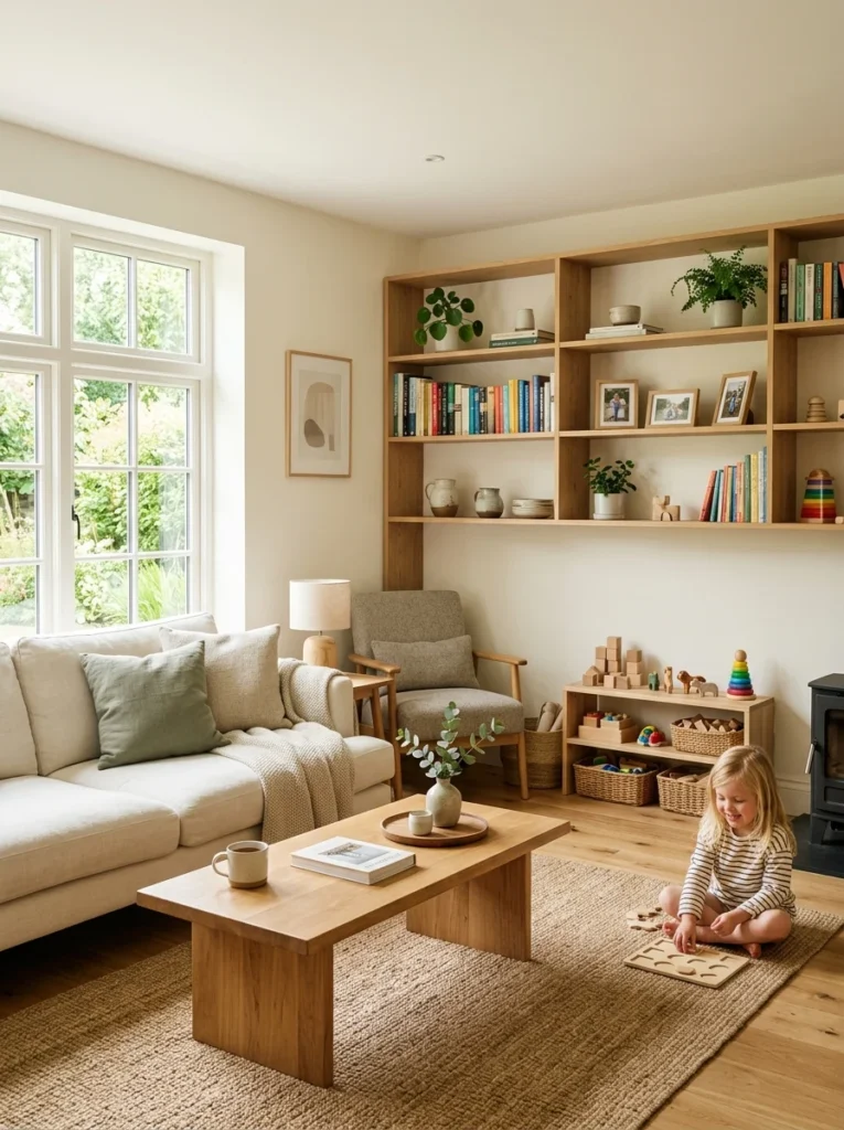 Organized family room showing intentional minimalist living instead of owning fewer things.