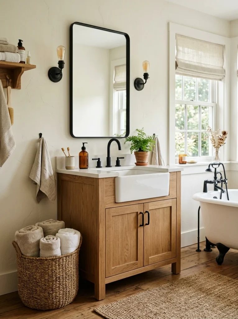 Black framed mirror and rolled linen towels styled in a modern farmhouse bathroom.