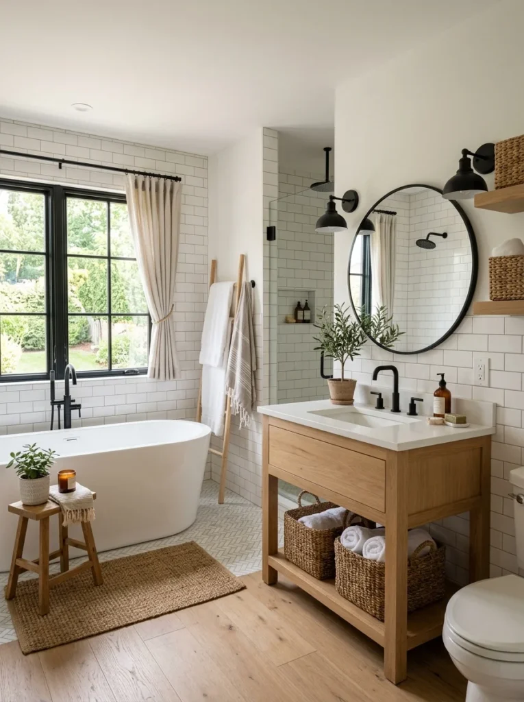 Modern farmhouse bathroom showcasing timeless design elements and warm neutral styling.