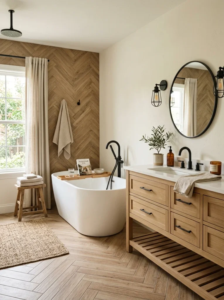 Herringbone wood-look porcelain tile in a modern farmhouse bathroom.