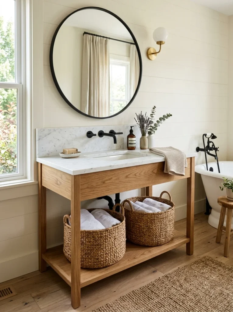 Open-leg farmhouse vanity with oak wood finish and white stone countertop.