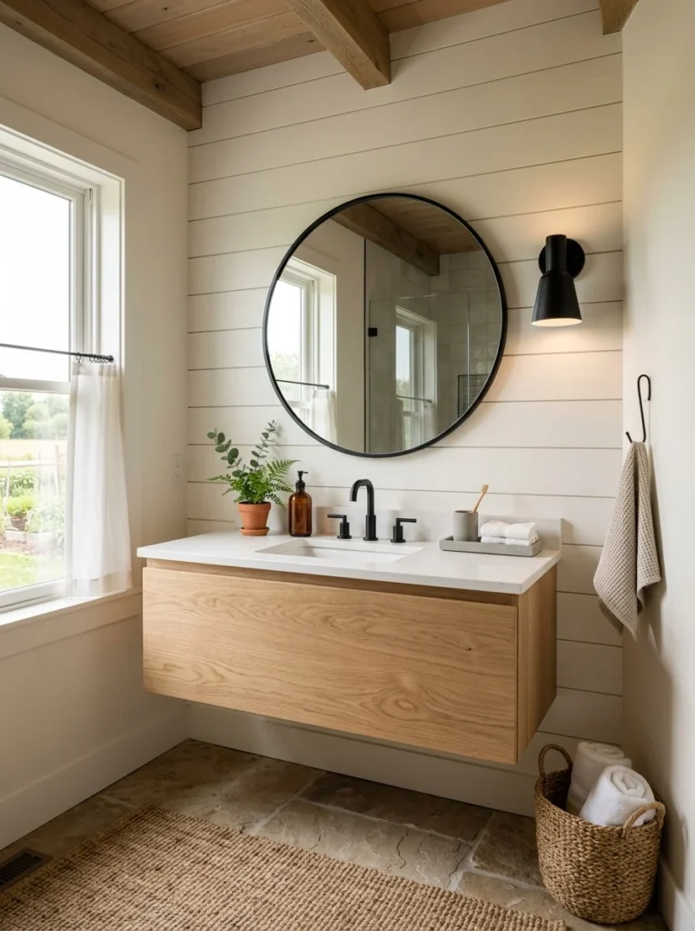 Warm white shiplap accent wall behind a farmhouse bathroom vanity.