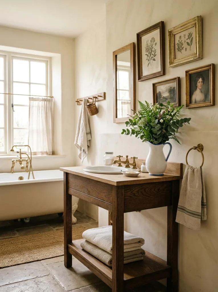 Vintage-inspired decorative accessories adding character to a farmhouse bathroom.