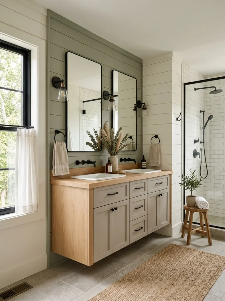 Modern farmhouse bathroom featuring warm white walls, greige cabinetry, and sage green accents.