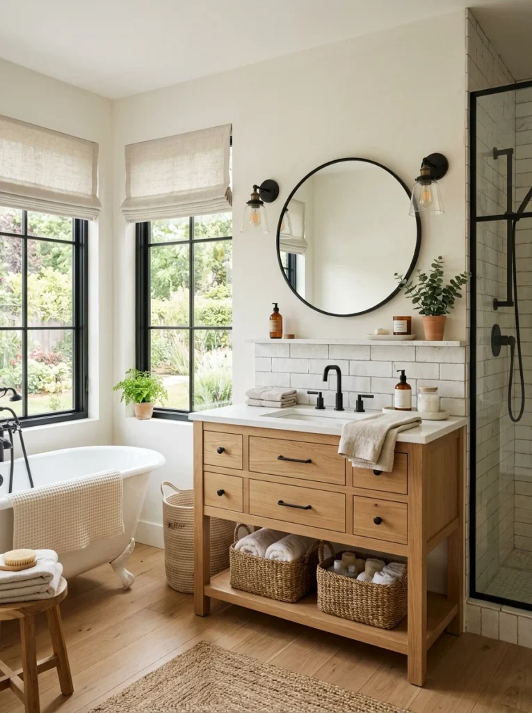 Beautiful modern farmhouse bathroom with warm neutral tones, wood accents, and cozy textures.