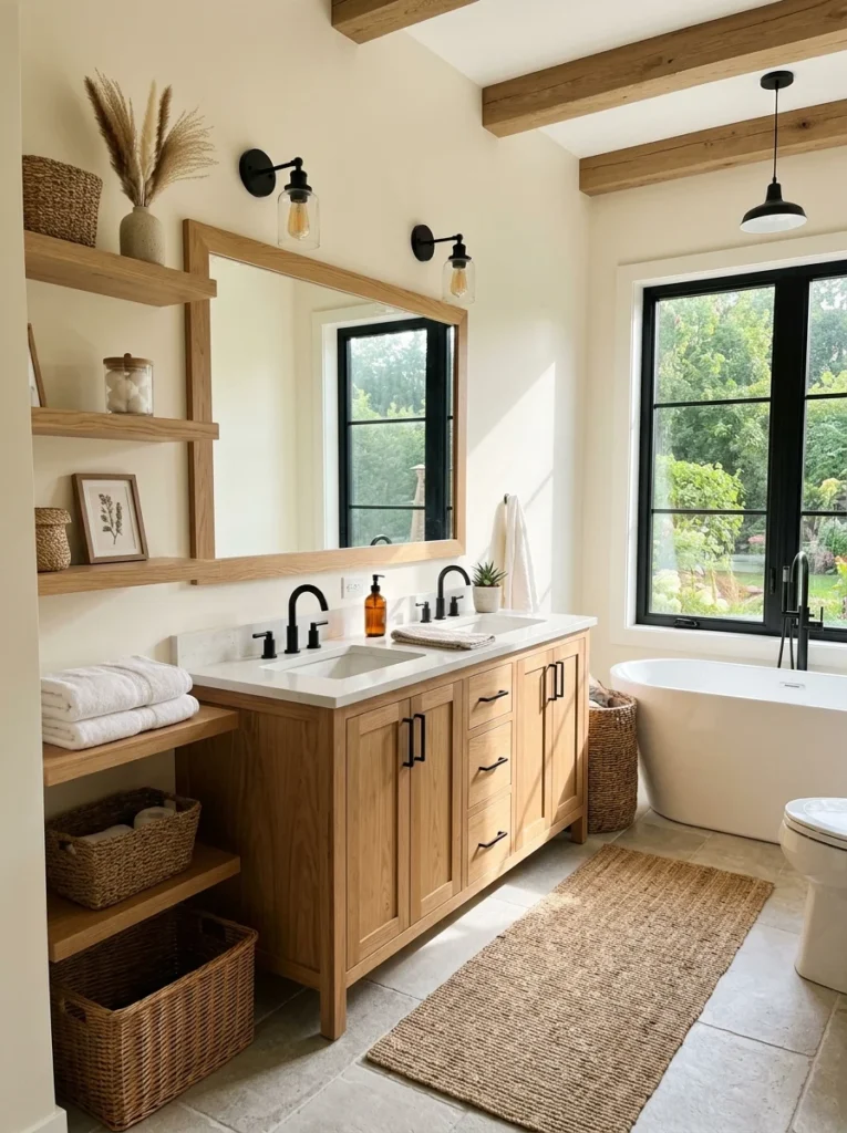 Oak vanity and wood shelving adding warmth to a modern farmhouse bathroom.