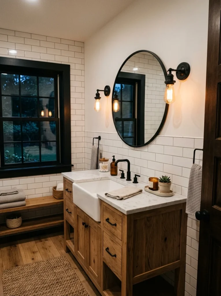 Black vintage sconces with warm lighting in a modern farmhouse bathroom.