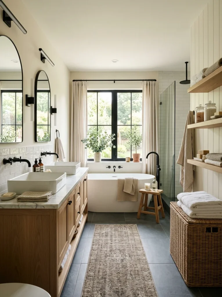 Elegant modern farmhouse bathroom designed with warm colors, natural textures, and timeless finishes.
