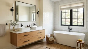 Modern farmhouse bathroom featuring a freestanding tub, warm oak vanity, matte black fixtures, and neutral decor.