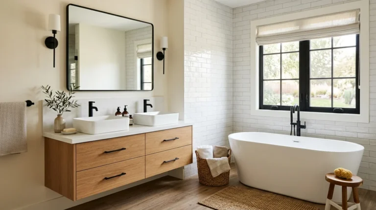 Modern farmhouse bathroom featuring a freestanding tub, warm oak vanity, matte black fixtures, and neutral decor.