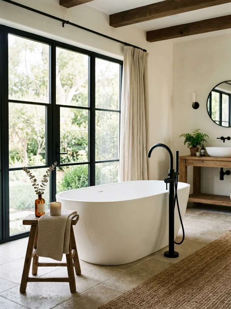 Freestanding soaking tub serving as the focal point of a modern farmhouse bathroom.