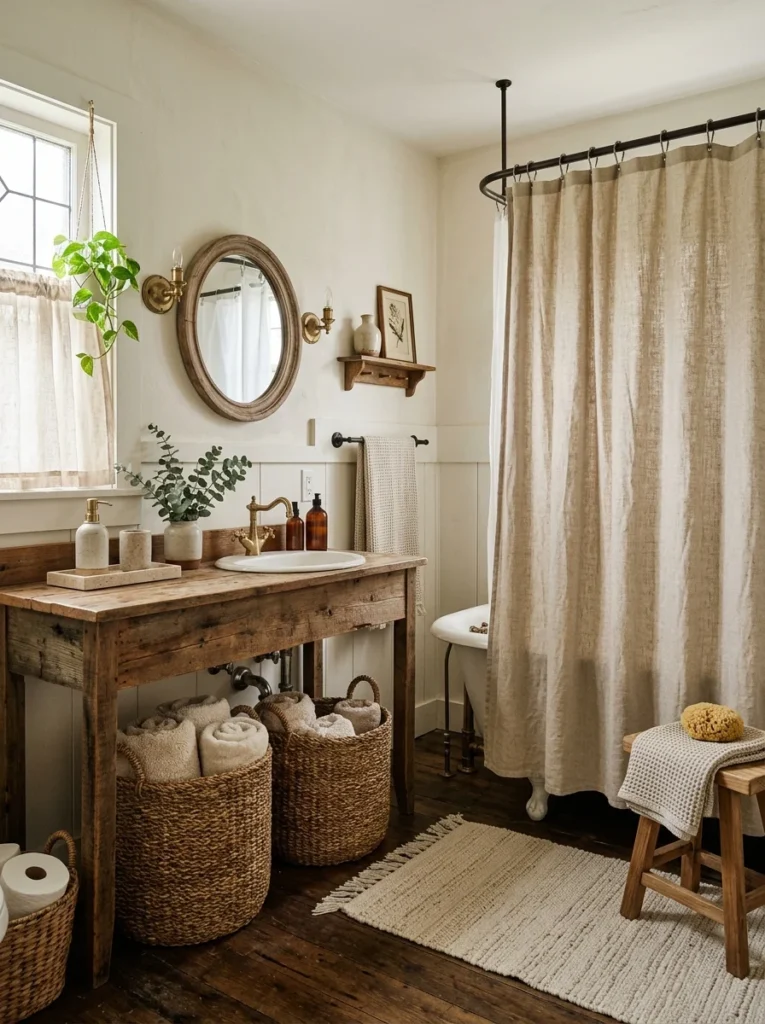 Woven baskets, linen textiles, and stone accessories in a farmhouse bathroom.
