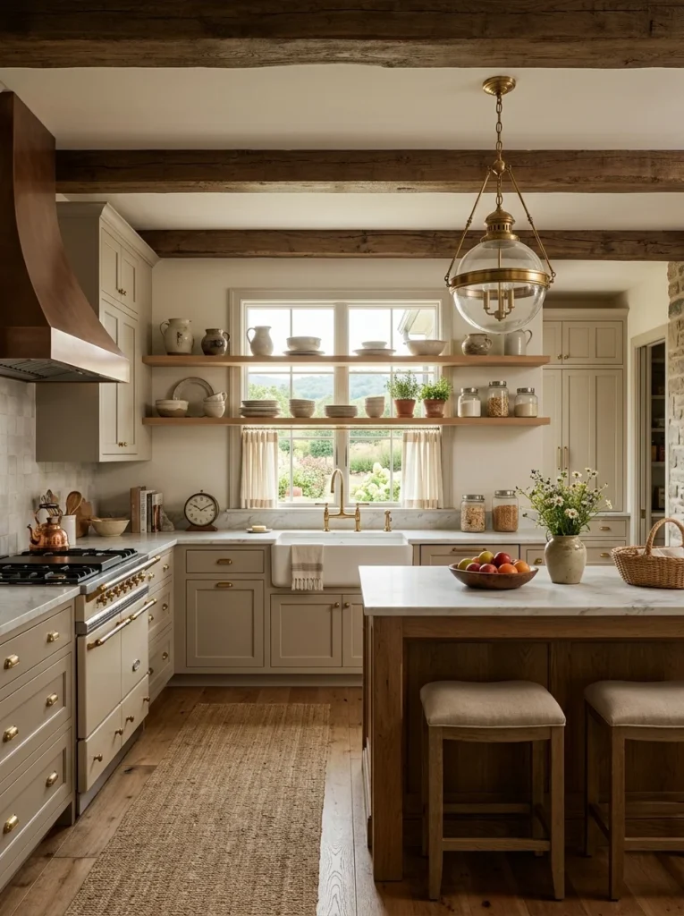 Farmhouse kitchen featuring classic design elements including shaker cabinets and open shelving.