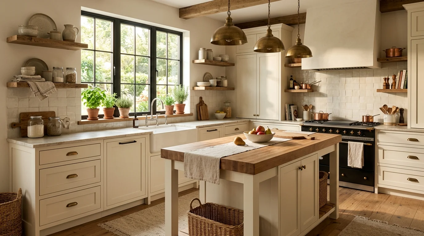 Warm modern farmhouse kitchen featuring white shaker cabinets, farmhouse sink, natural wood shelves and cozy neutral decor.