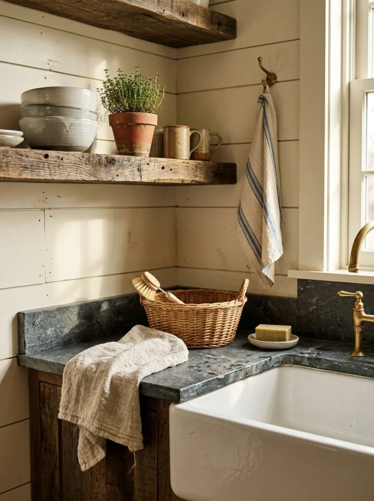 Farmhouse kitchen featuring reclaimed wood, natural stone and woven textures.