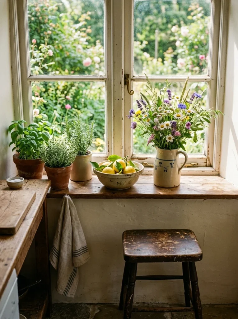 Fresh herbs and natural accents decorating a cozy farmhouse kitchen.