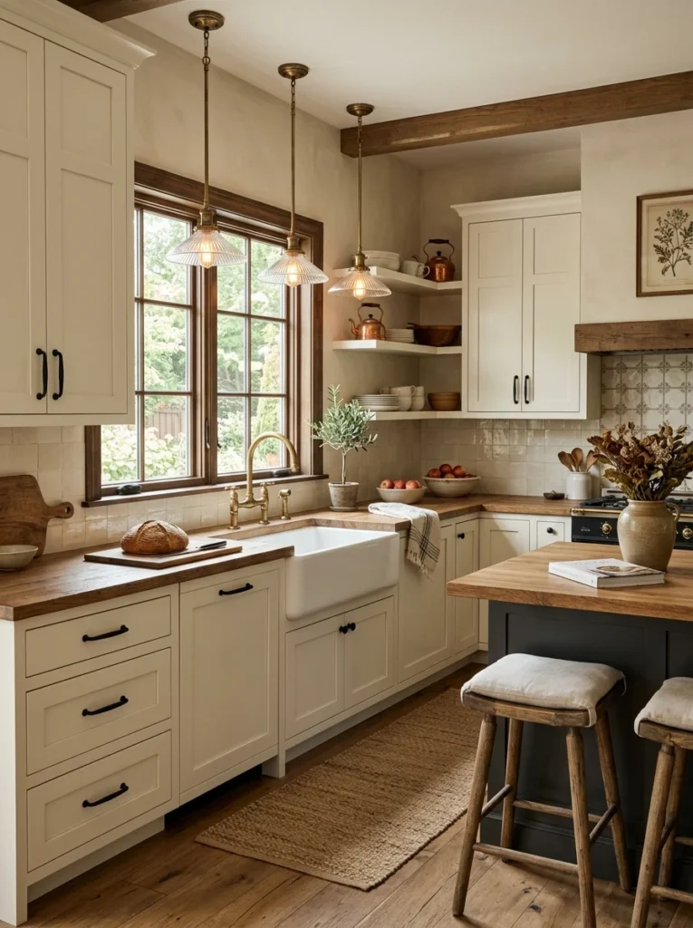 Matte black hardware and brass fixtures in a modern farmhouse kitchen.