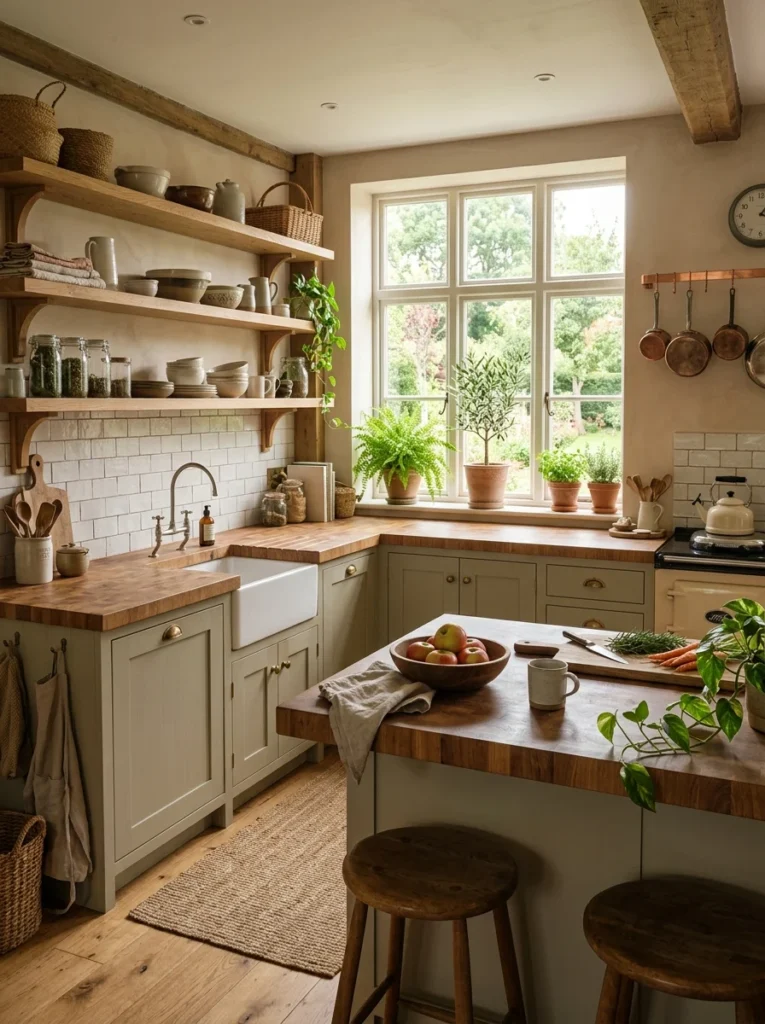Warm kitchen featuring natural butcher block wood countertops with rich wood grain.