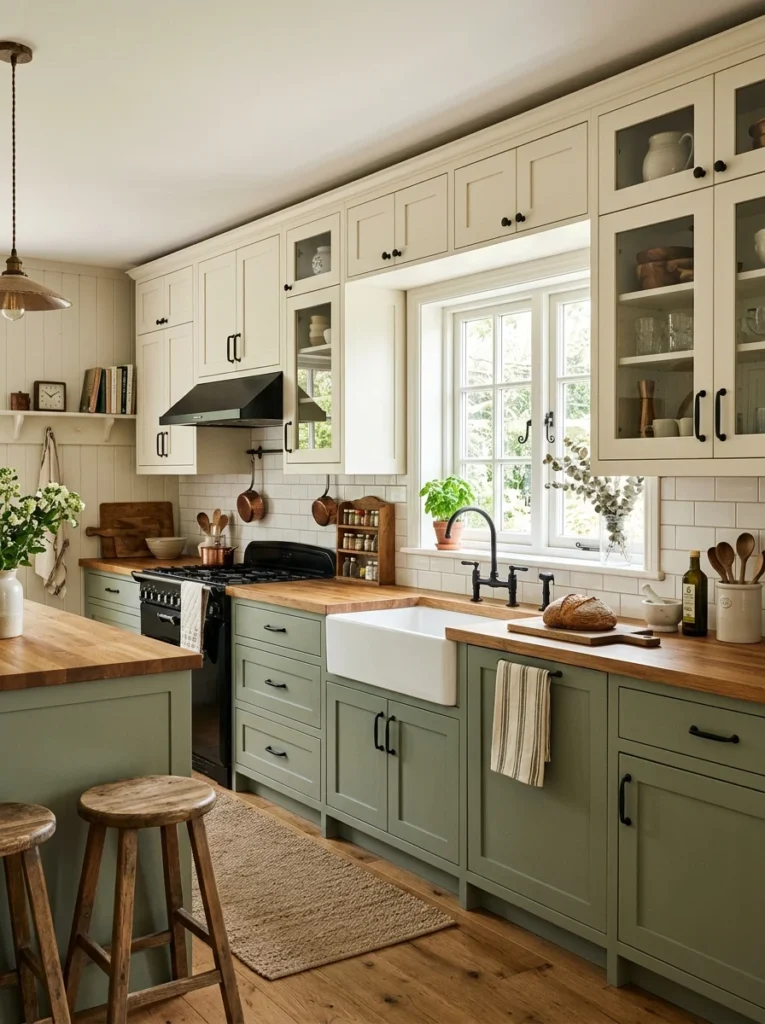 Two-tone shaker cabinets in a modern farmhouse kitchen with black hardware.