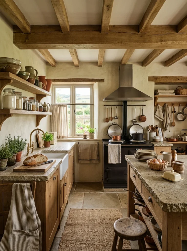 Farmhouse kitchen showcasing natural wood, stone surfaces and practical country-inspired design.