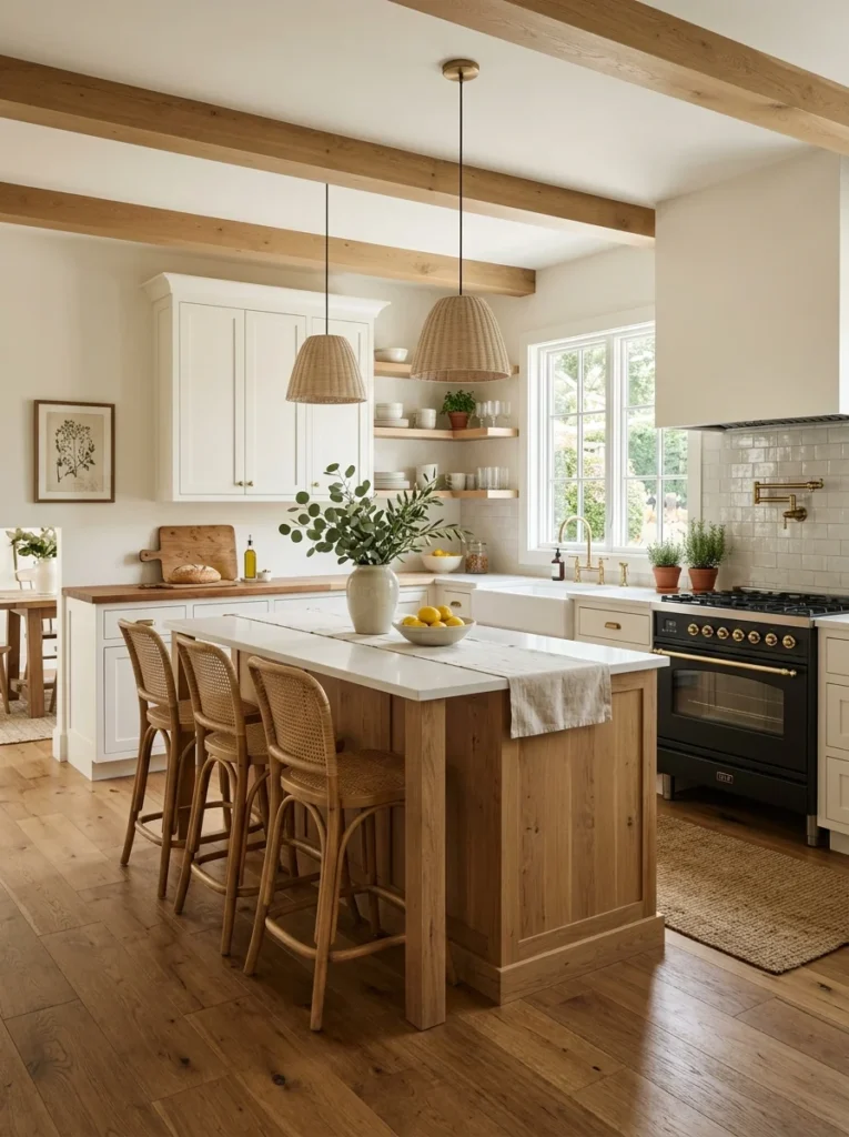 Beautiful modern farmhouse kitchen with warm neutral colors and authentic country-inspired decor.