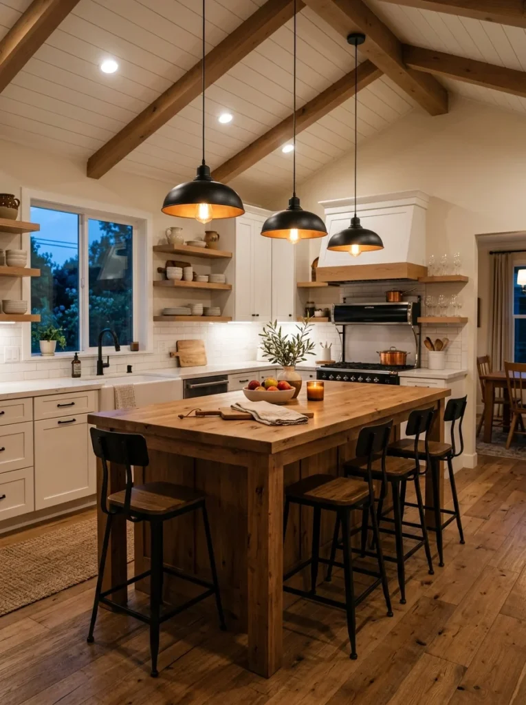 Black pendant lights creating a warm farmhouse kitchen atmosphere.