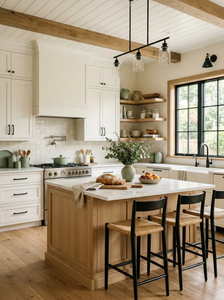 Neutral farmhouse kitchen with warm white cabinets, sage green accents and natural wood finishes.