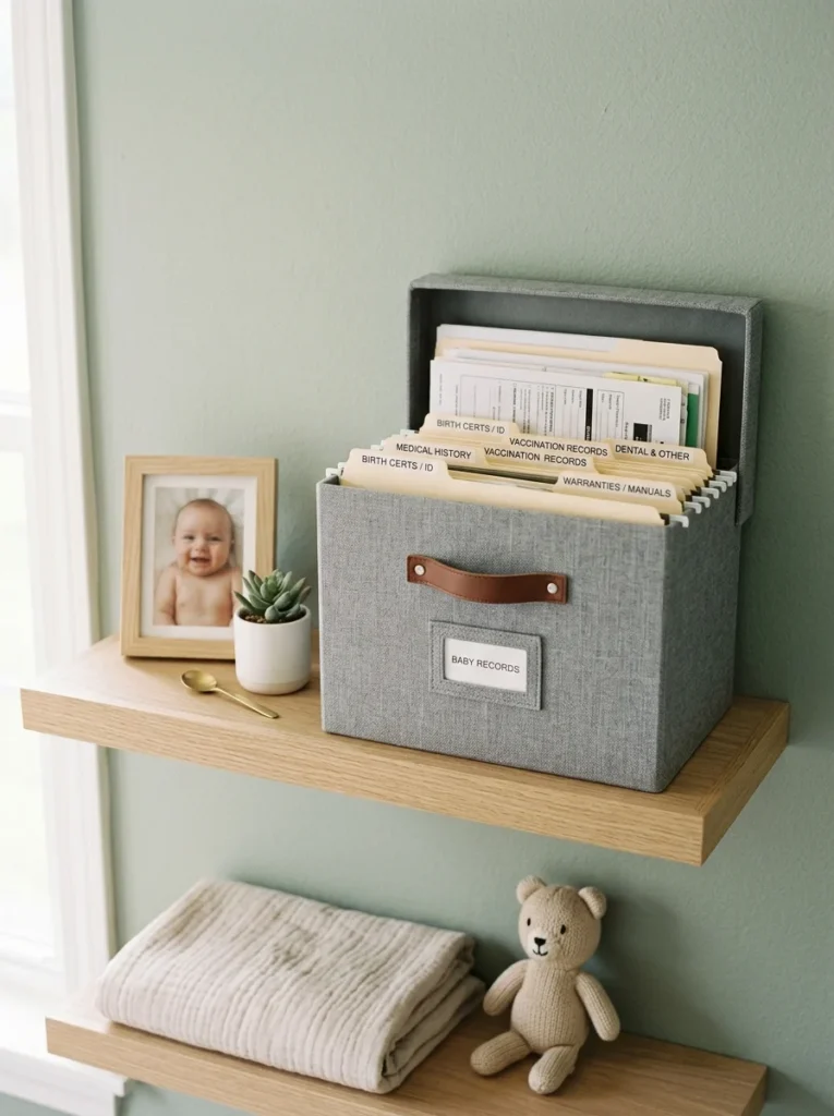 Organized file box storing important baby records and paperwork.