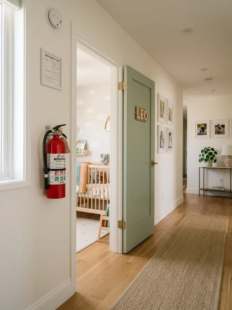 Fire extinguisher installed near a baby's nursery for emergency preparedness.