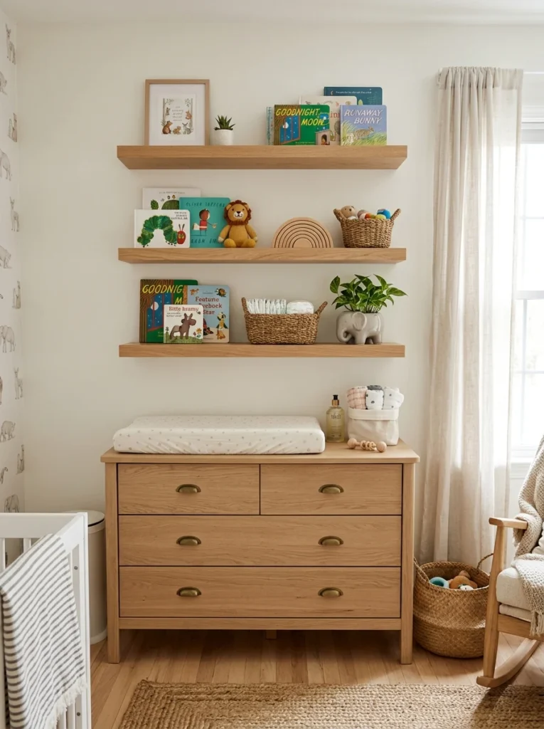 Floating shelves providing extra storage in a compact nursery.