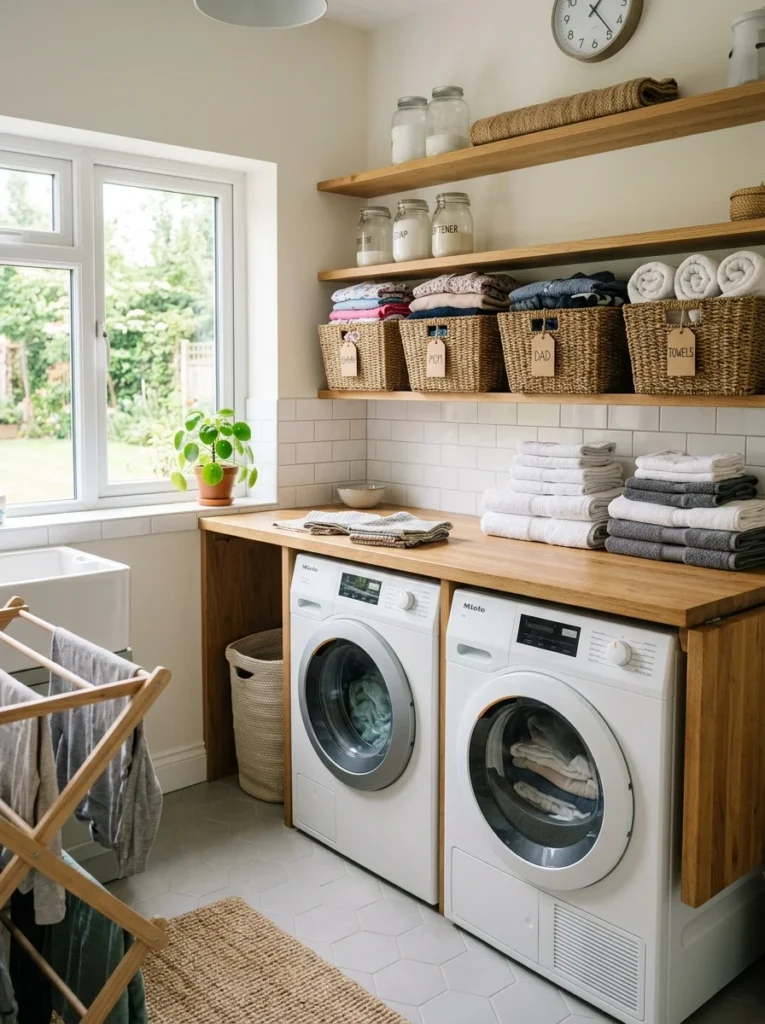 Laundry folding counter with neatly folded clothes sorted into baskets.