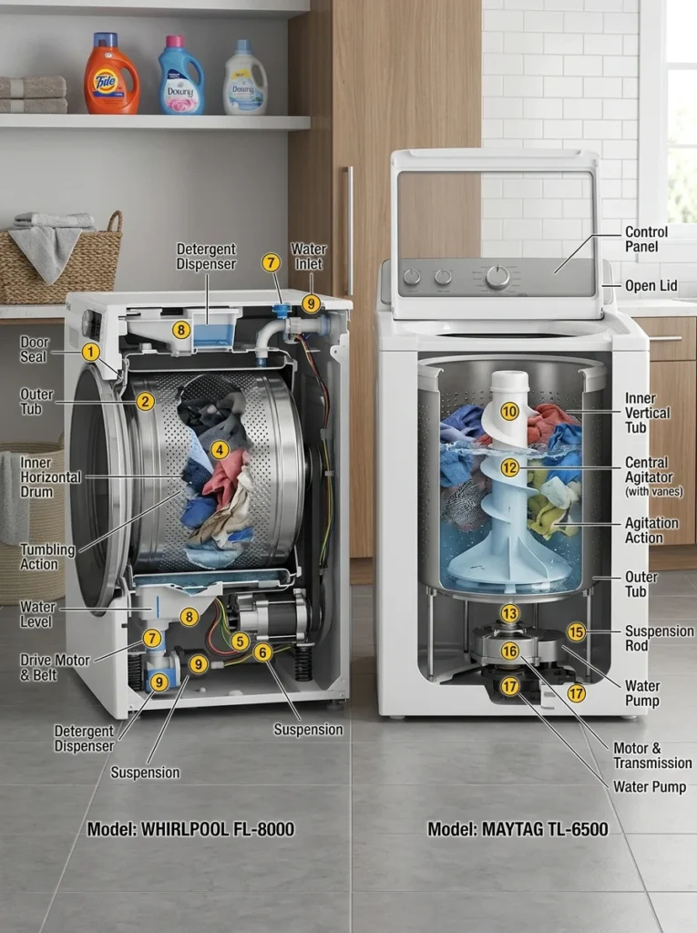 Illustration comparing the internal drum design of front-load and top-load washers.