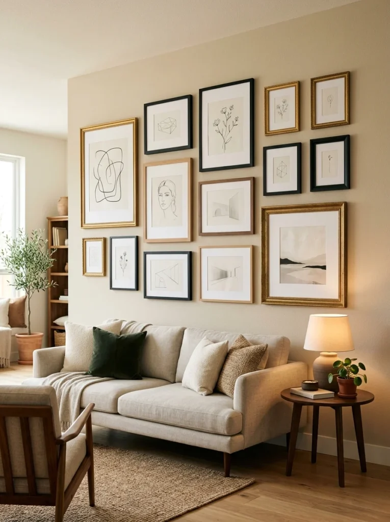 Gallery wall using black, wood, and gold frames in different styles for a cohesive appearance.