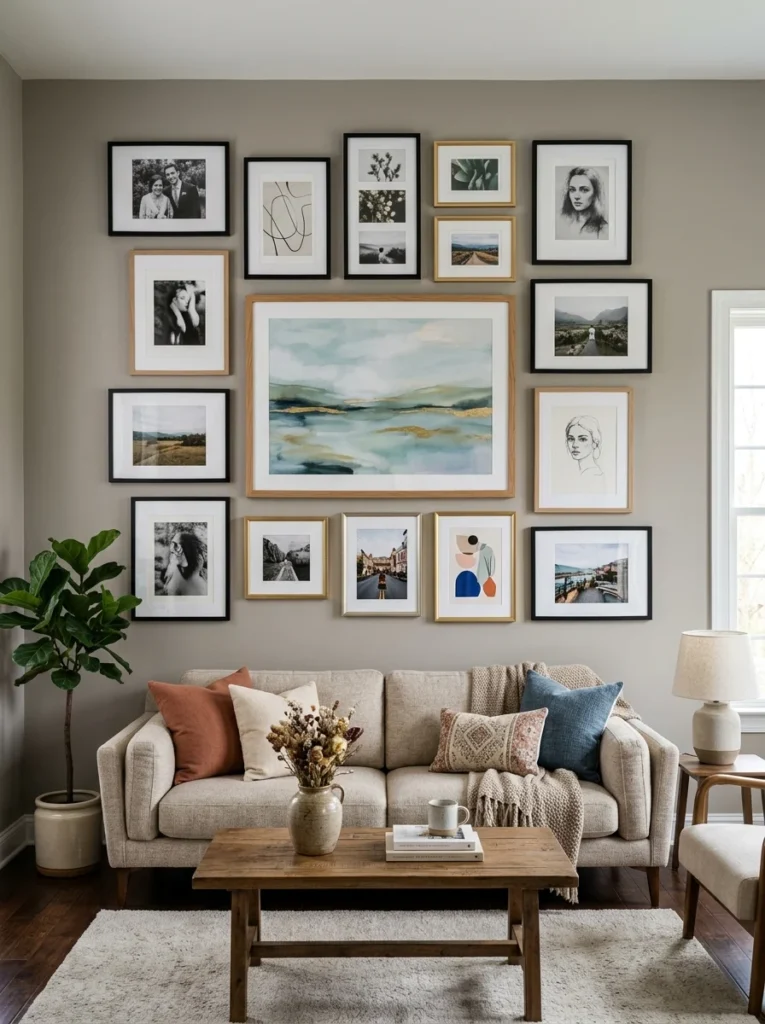 Balanced gallery wall featuring both portrait and landscape frame orientations.