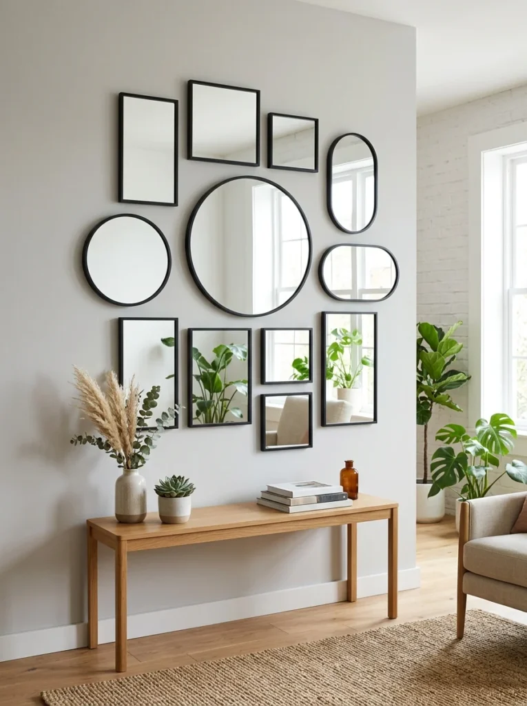 Gallery wall featuring multiple mirror shapes.