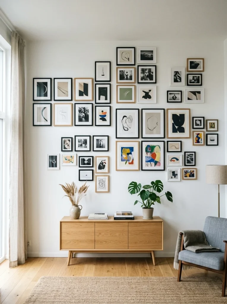 Gallery wall featuring grouped frame sizes arranged for visual rhythm.