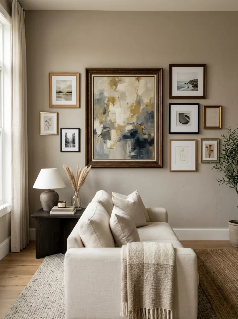 Gallery wall showing clusters of three and five picture frames.