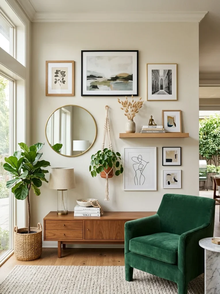 Gallery wall combining picture frames with a mirror, shelf, and decorative accents.