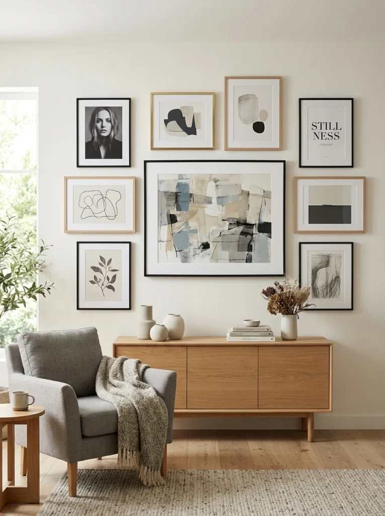 Gallery wall combining vertical and horizontal picture frames in a balanced arrangement.