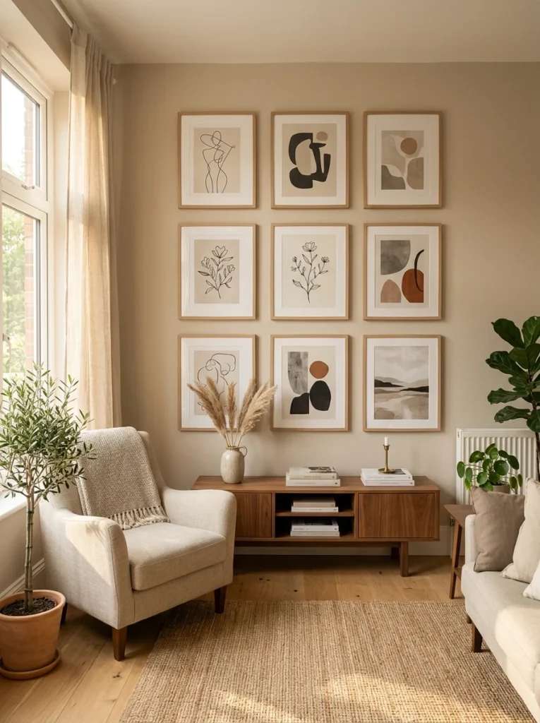 Stylish gallery wall created using inexpensive framed artwork.