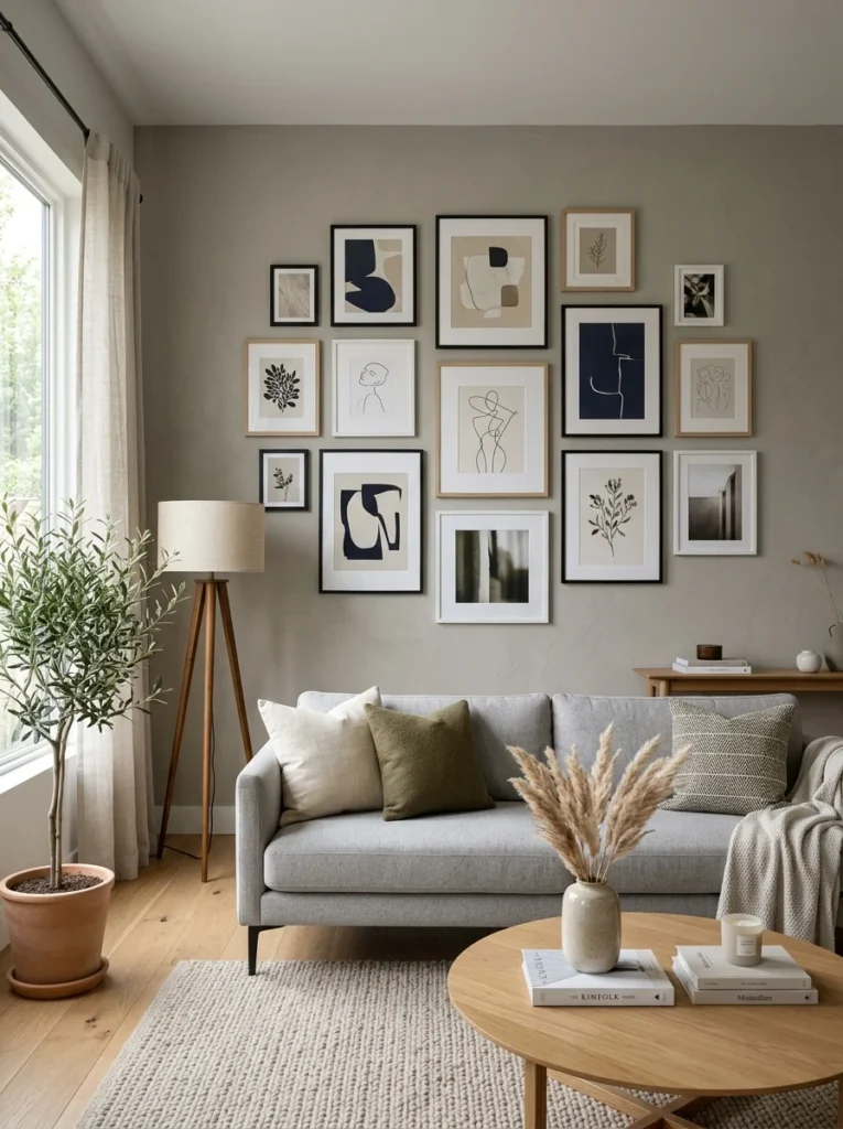 Gallery wall with mixed frame sizes arranged using consistent spacing.