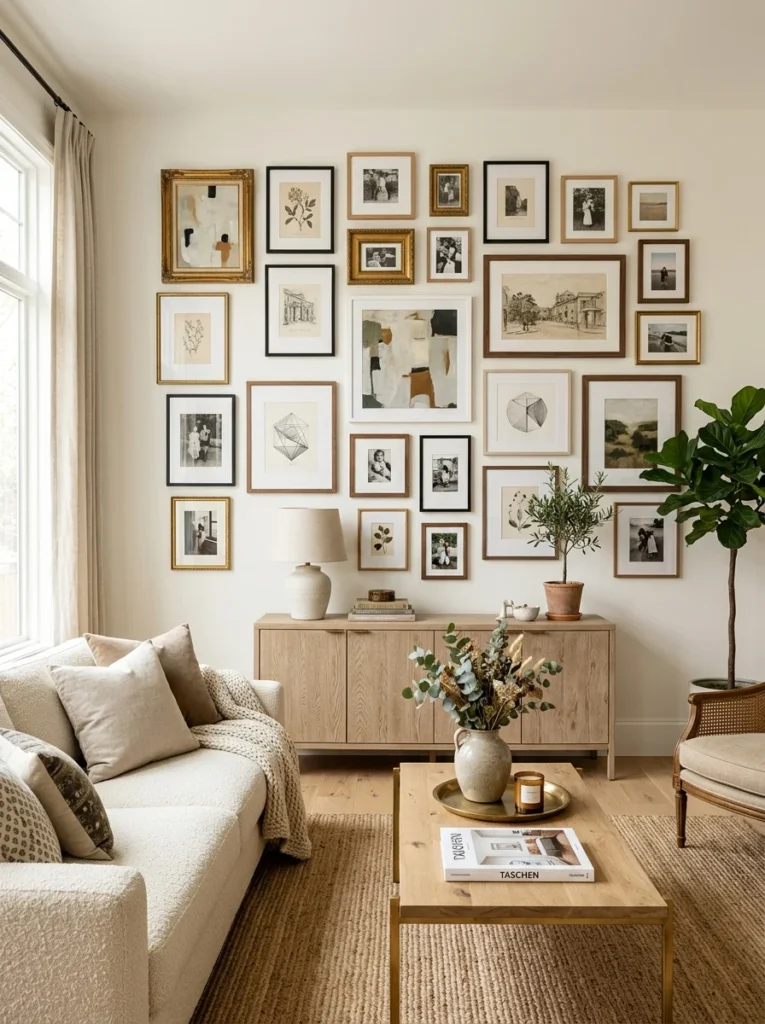 Completed gallery wall featuring mixed frame styles and sizes arranged in a cohesive modern living room.