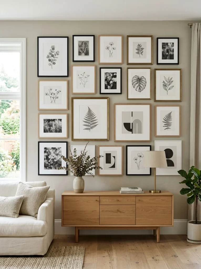 Gallery wall with different frame styles connected by matching white mat boards and coordinated colors.