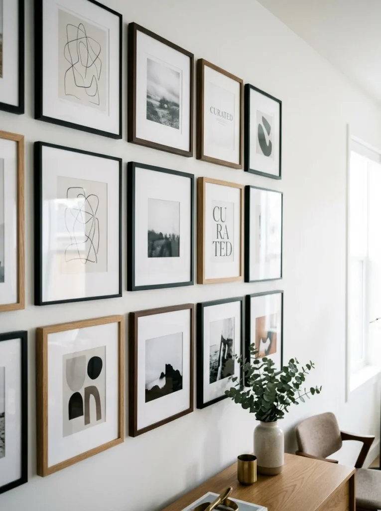 Gallery wall with evenly mounted frames using consistent hanging hardware.