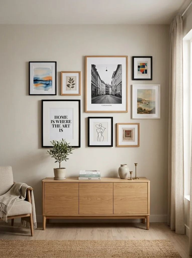 Gallery wall featuring odd-numbered frame groupings for visual balance.